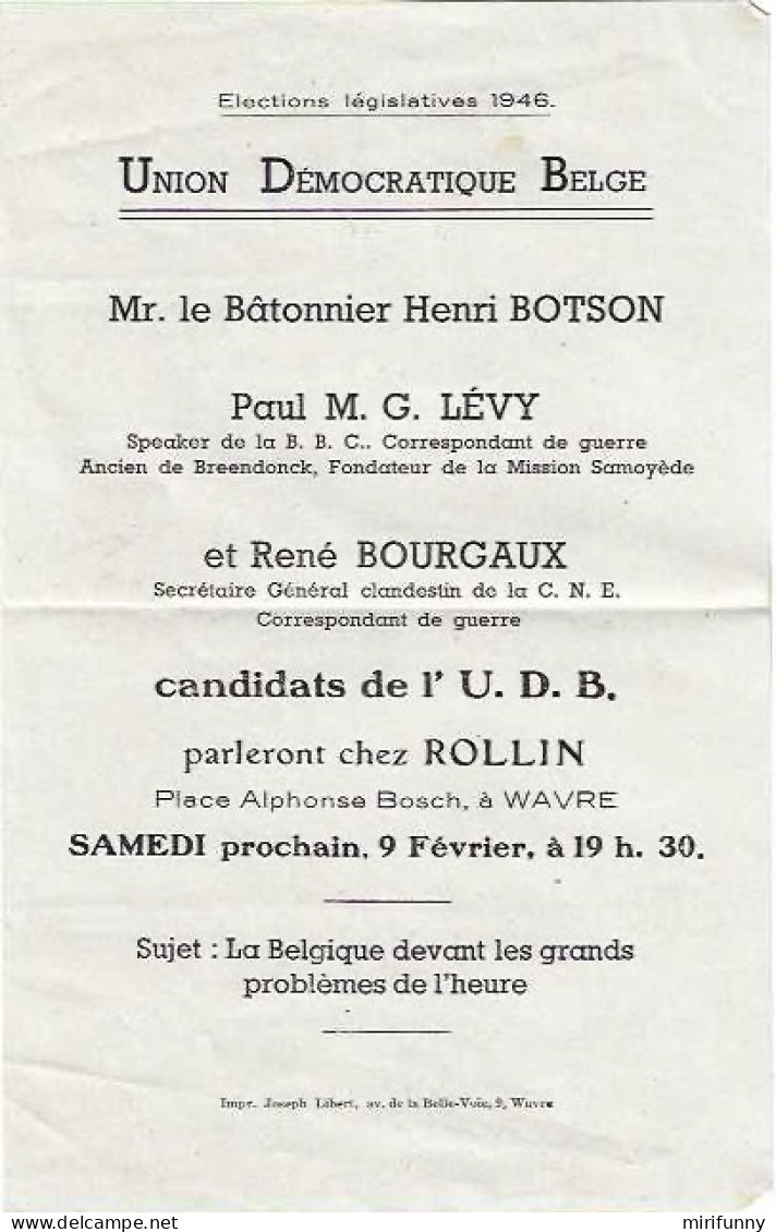 Élections Législatives 1946/Union Démocratique Belge /Flyer La Belgique Devant Les Grands Problèmes De L Heure - Manifesti