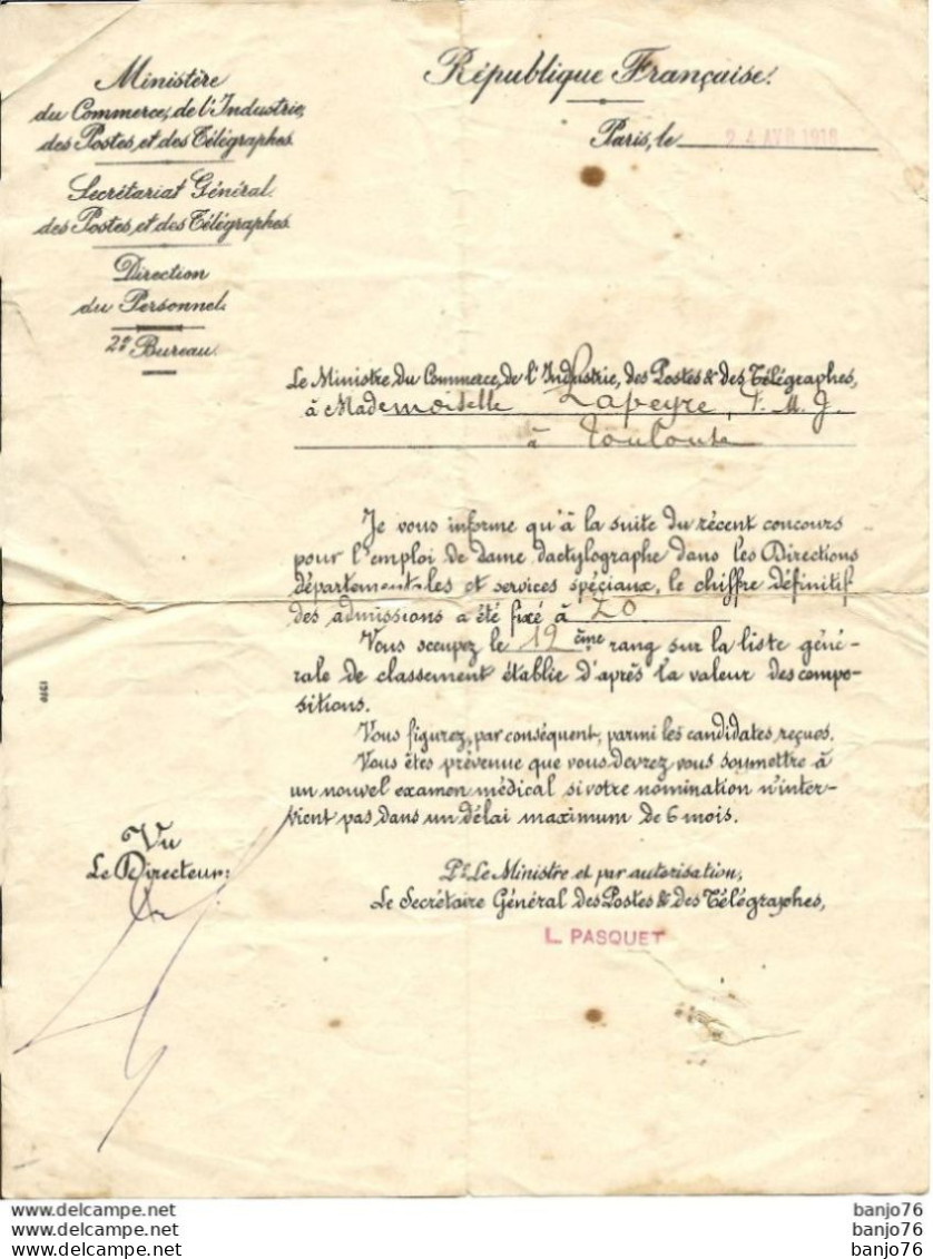 Certificat Secrétariat Général Des POSTES ET TELEGRAPHES - Dame-Dactylographe - 1918 - Diploma's En Schoolrapporten