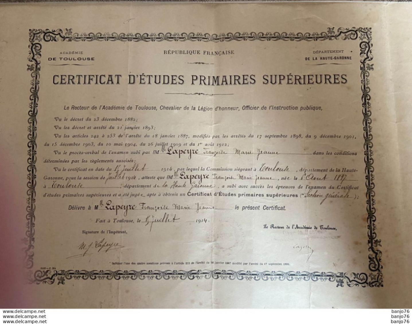 Certificat D'Etudes Primaires Supérieures - Toulouse 1914 - Diplome Und Schulzeugnisse