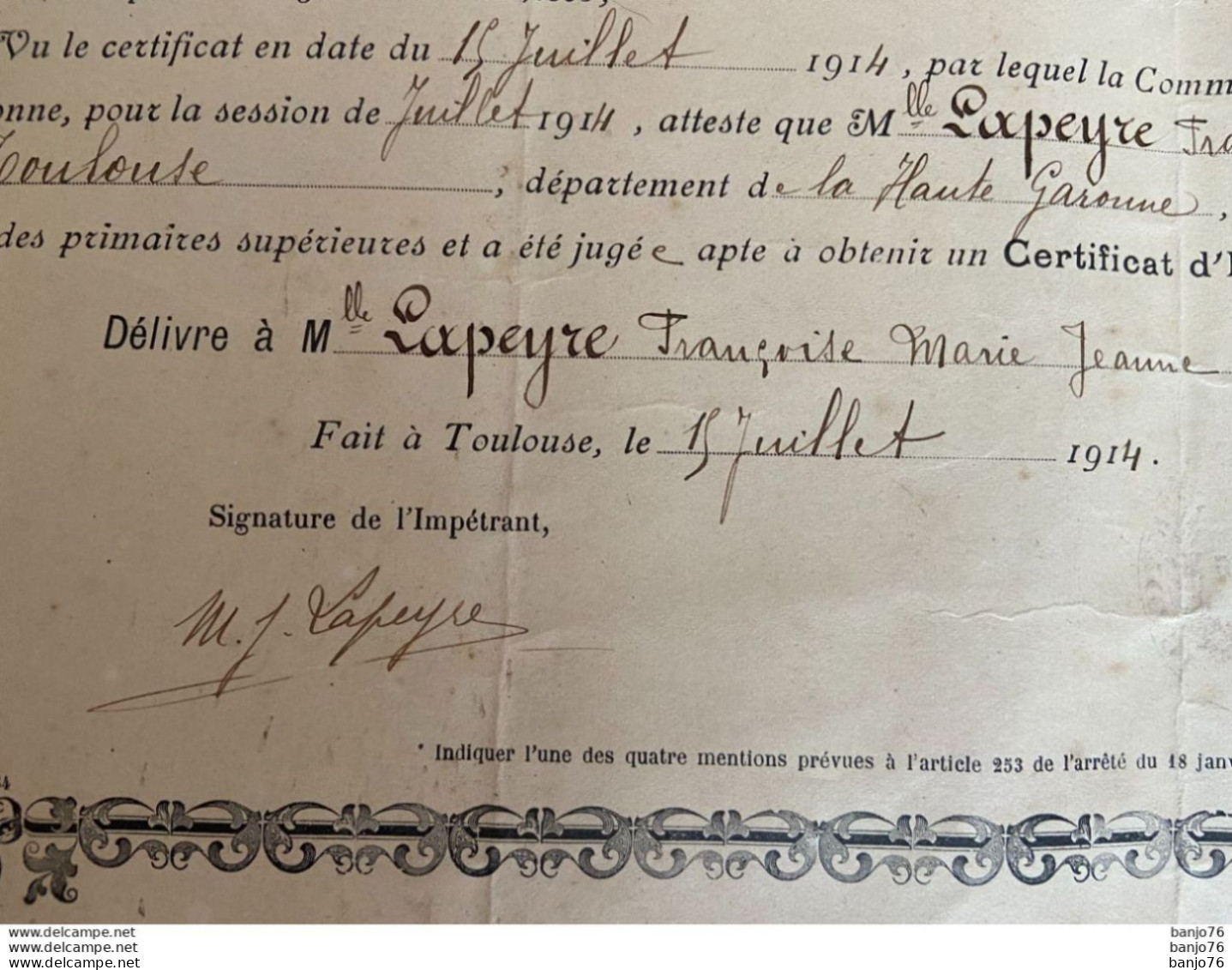 Certificat D'Etudes Primaires Supérieures - Toulouse 1914 - Diplômes & Bulletins Scolaires