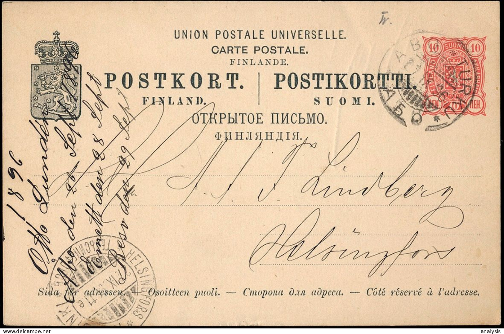Finland Abo Turku 10P Postal Stationery Card Mailed To Helsinki 1896. Russia Empire - Lettres & Documents
