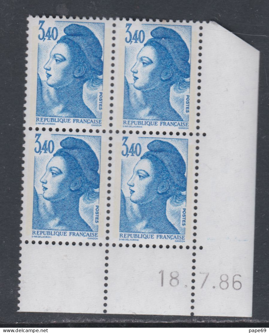 France Type Liberté N° 2425 XX : 3 F. 40  Bleu  En Bloc De 4 Coin Daté Du 18 . 7 . 86 ;  Gomme Légèrement Altérée, TB - 1980-1989