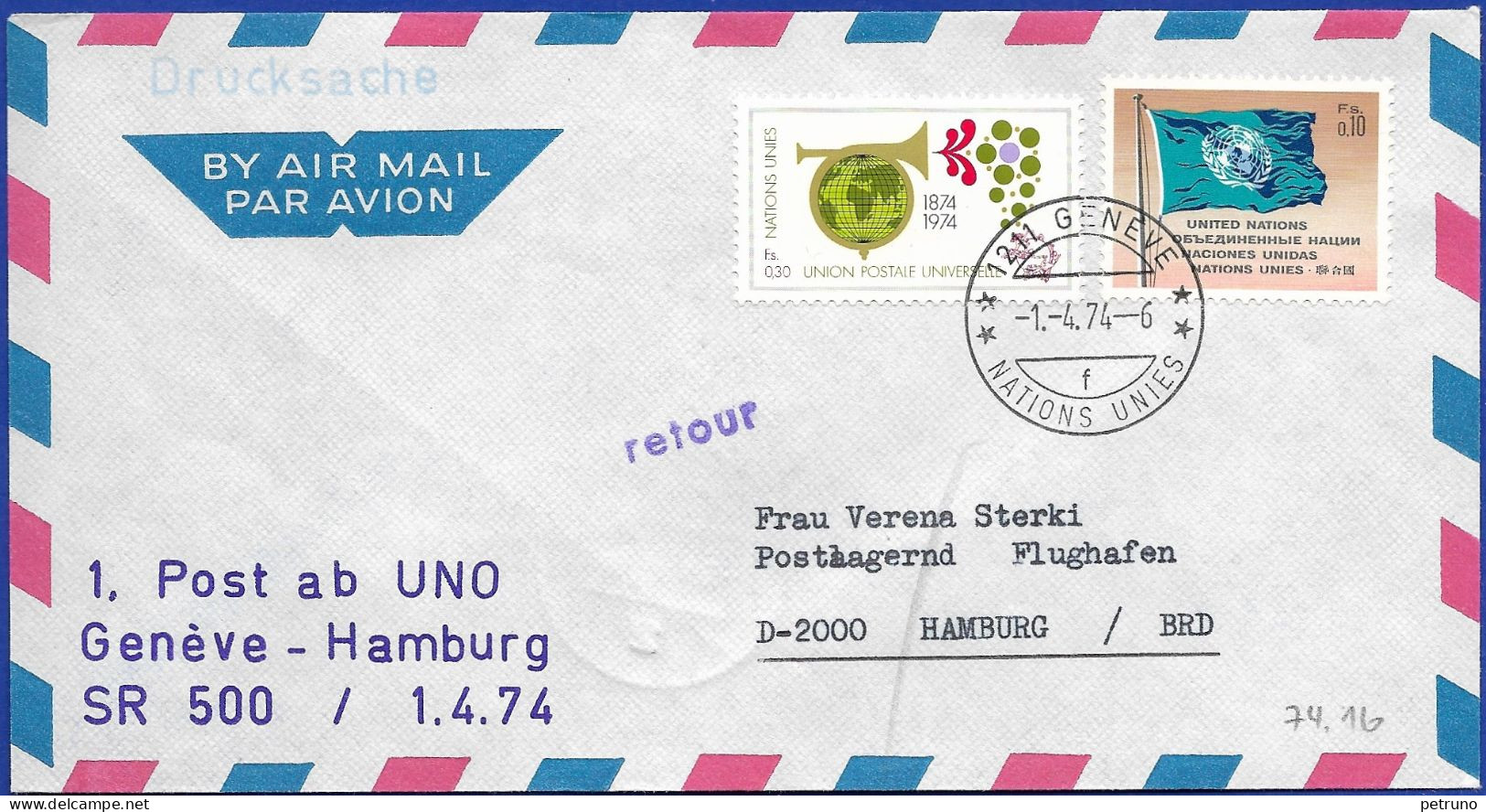 FL 1. Kartenschluss UNO-Genf-Hamburg 1.4.1974 Mit Swissair - Storia Postale