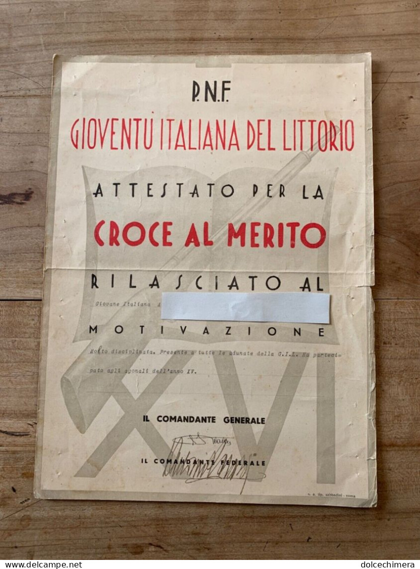 P.N.F. GIOVENTU' ITALIANA DEL LITTORIO-CROCE AL MERITO ANNO XVI - Collections