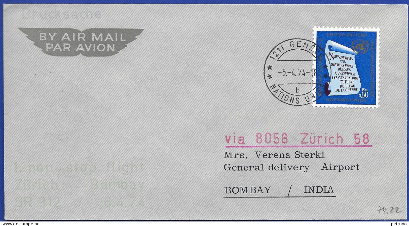 FL 1. Expressflug Non-Stop Zürich-Bombay Ab UNO Genf Mit Swissair - Lettres & Documents