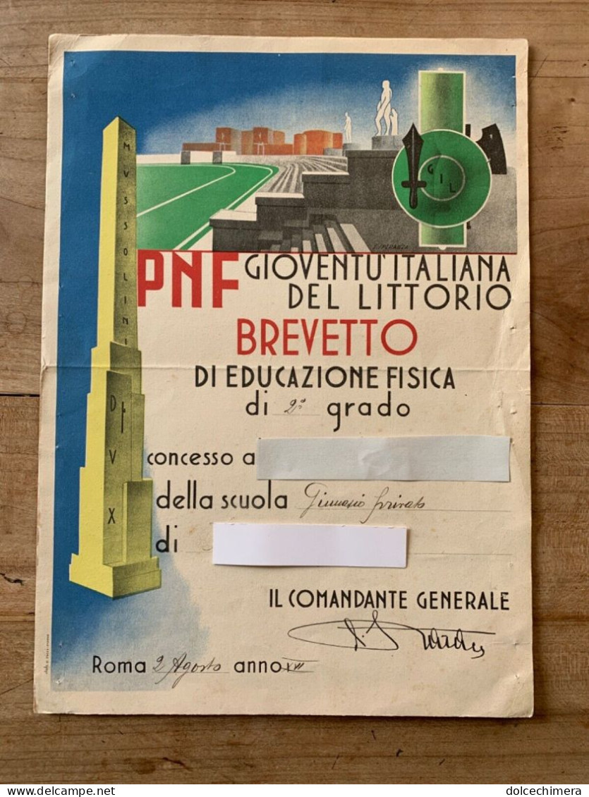 P.N.F. GIOVENTU' ITALIANA DEL LITTORIO-BREVETTO DI EDUCAZIONE FISICA - Collections