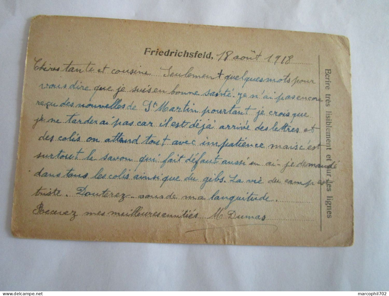 Allemagne 3eme Reich Postkarte Prisonier A Friedrichsfeld Pres Wesel Pour Lyon 28/8/1918 - Kriegsgefangenenpost