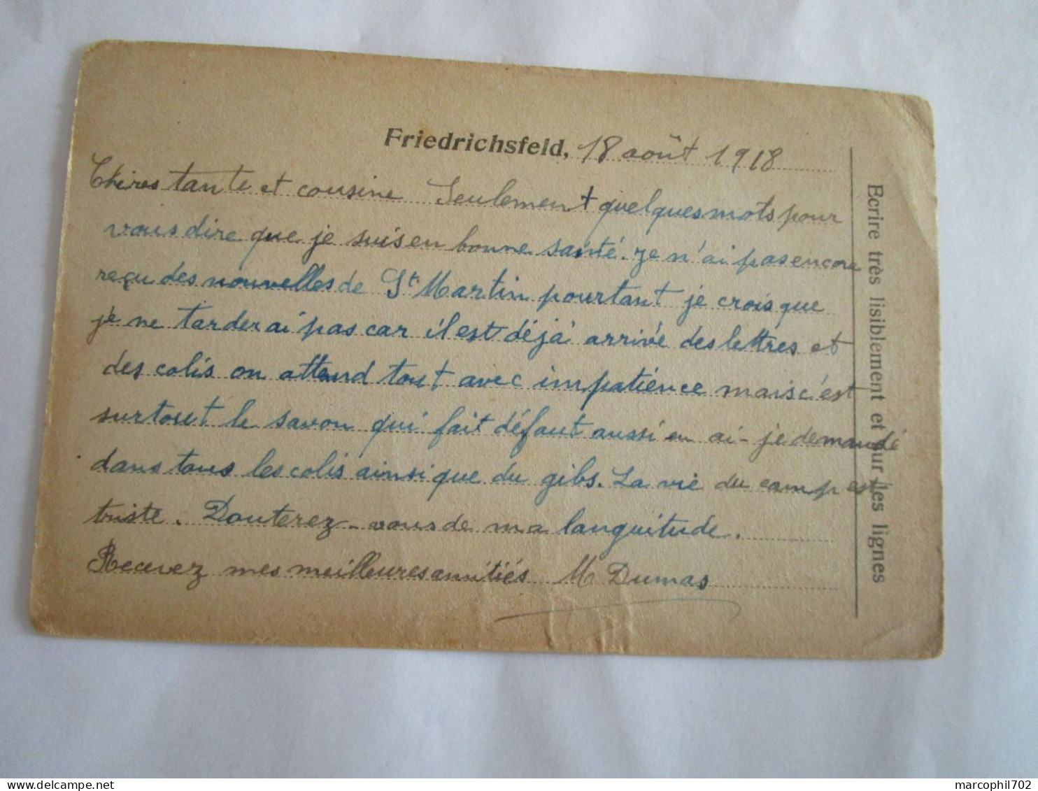 Allemagne 3eme Reich Postkarte Prisonier A Friedrichsfeld Pres Wesel Pour Lyon 28/8/1918 - Courriers De Prisonniers