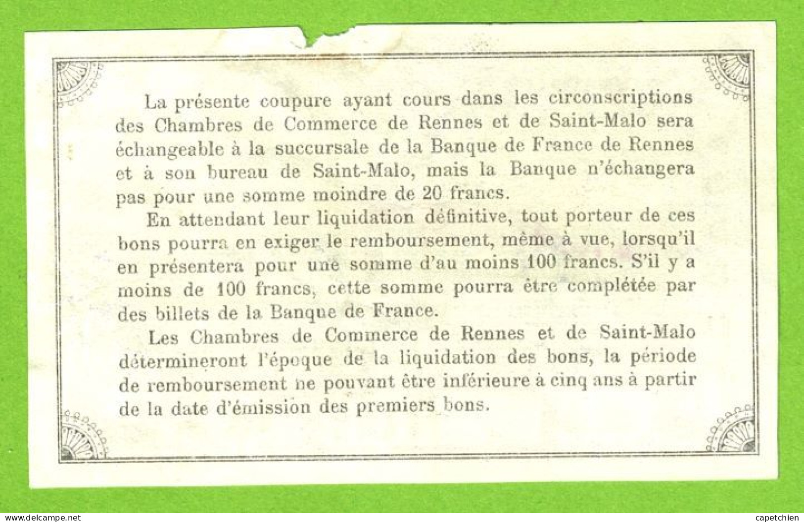 FRANCE/ CHAMBRES De COMMERCE De RENNES & St. MALO /  1 FRANC / 25 AOUT 1915 / 344535:SERIE A - Camera Di Commercio
