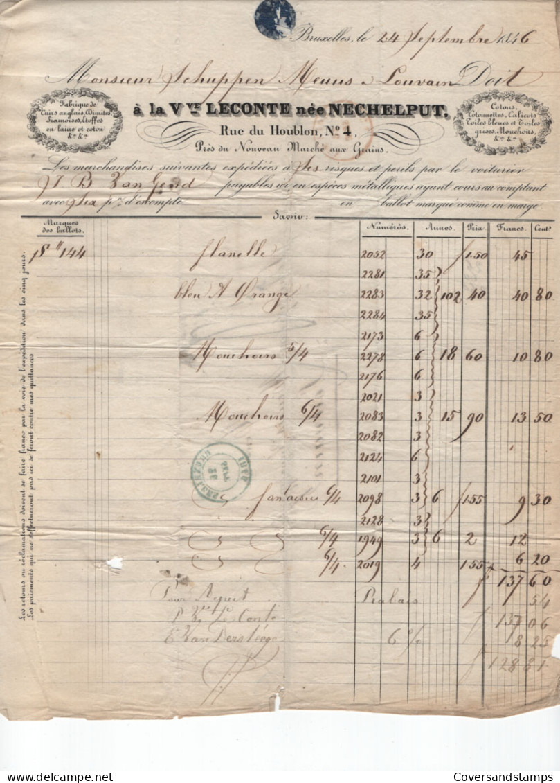  Brief Met Rekening Van Bruxelles Naar Louvain, 26 Sept 1846 - 1830-1849 (Belgique Indépendante)