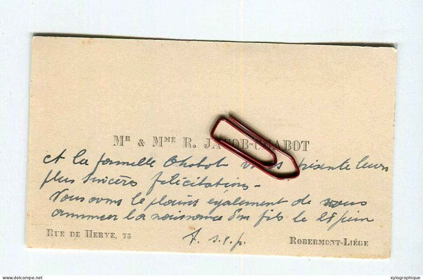 LIEGE Robermont - Carte De Visite Ca. 1930, Voir Verso, Raymond Jacob Chabot Rue De Herve, à Fam. Gérardy Warland - Cartoncini Da Visita