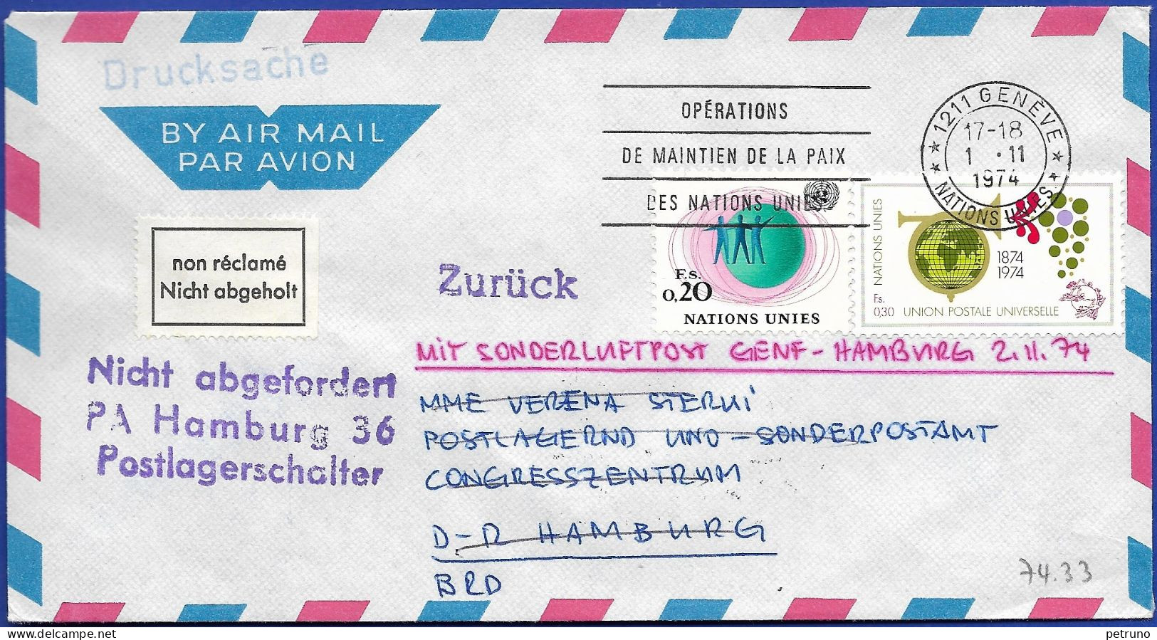 FL Ausstellungspost Sonderflug Ab UNO-Genf-Hamburg 24.10.1974 - Storia Postale