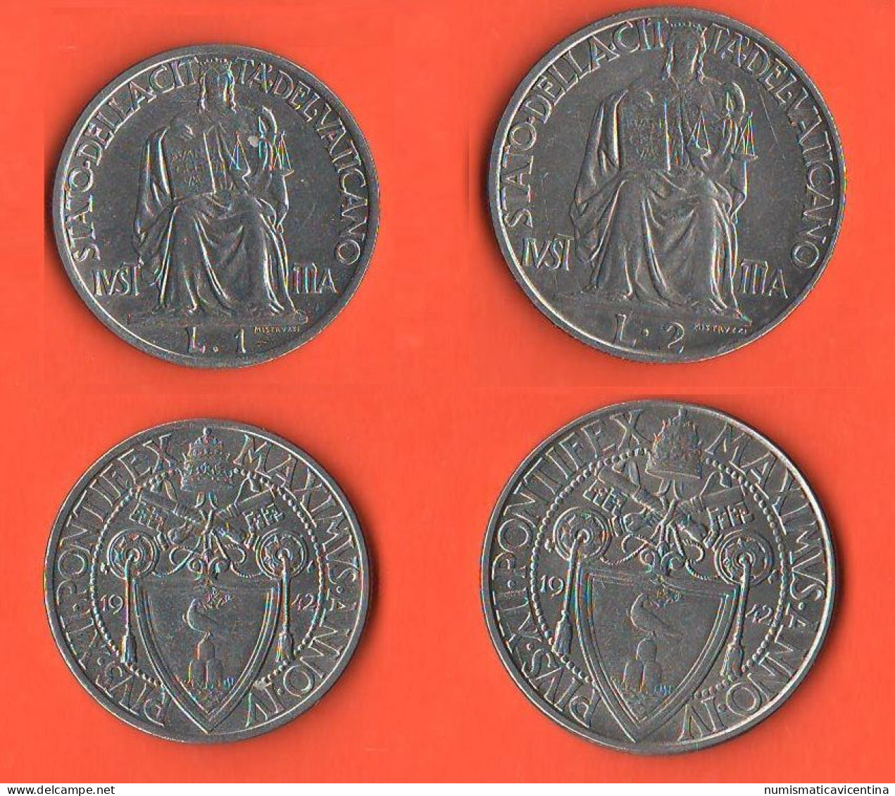 Vaticano 1 + 2 Lire 1942 Vatican City Papa Pio XII° Steel Coin C 3 - Vatikan