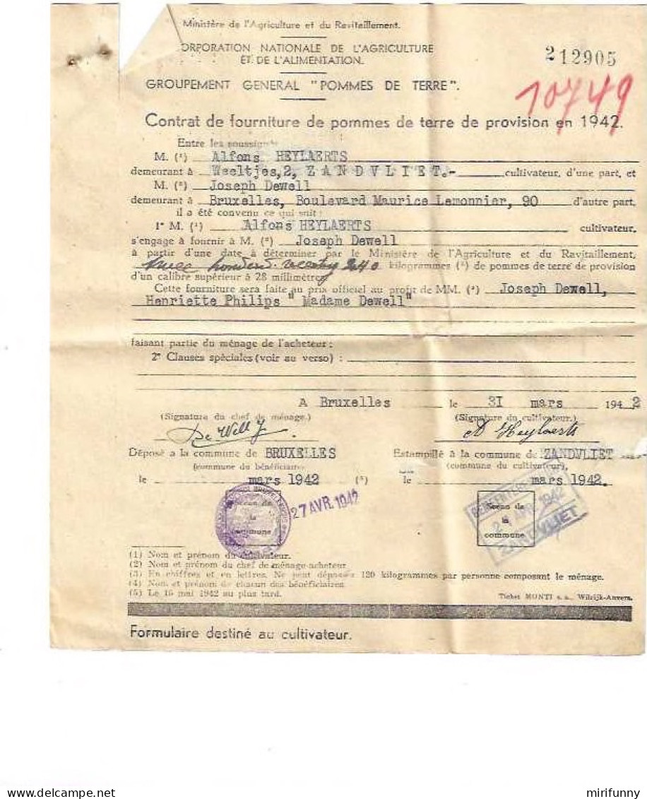 1942.CONTRAT DE FOURNITURE DE POMMES DE TERRE DE PROVISION/ CACHET RAVITAILLEMENT/ESTAMPILLE A ZANDVLIET - 1939-45