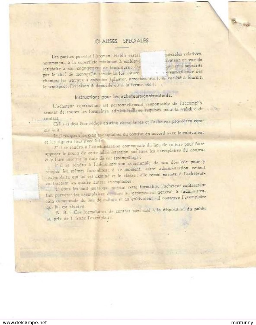 1942.CONTRAT DE FOURNITURE DE POMMES DE TERRE DE PROVISION/ CACHET RAVITAILLEMENT/ESTAMPILLE A ZANDVLIET - 1939-45