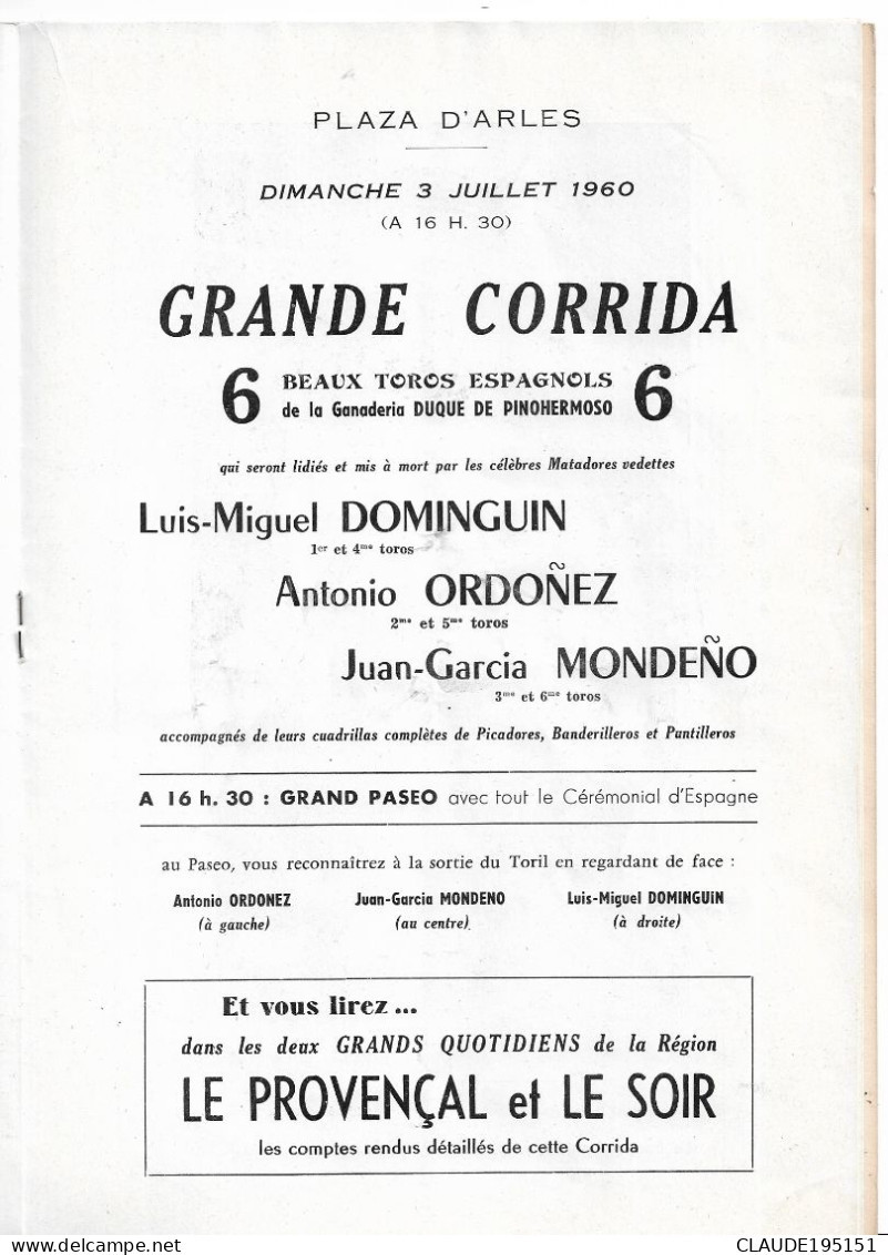 PROGRAMME OFFICIEL GRANDE CORRIDA 3 JUILLET 1960 1960  ARENES DE NIMES  5 SCANS - Programmes