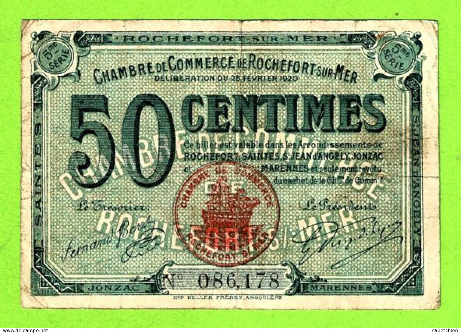 FRANCE/ CHAMBRE De COMMERCE De ROCHEFORT Sur MER/  50 CENT./ 25 FEVRIER 1920 / 086,178 / 5 Eme SERIE - Chamber Of Commerce