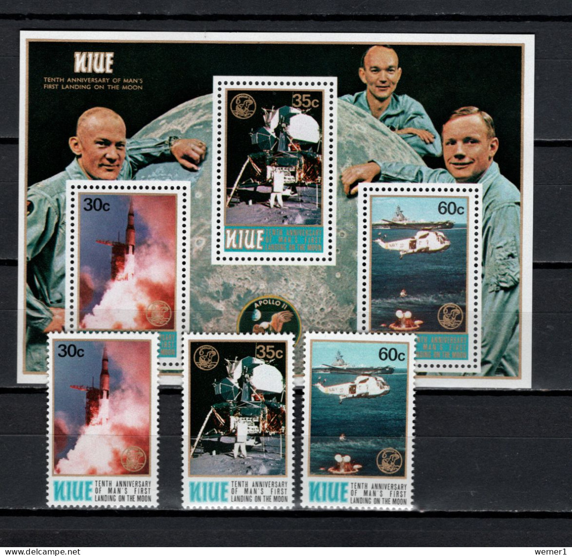 Niue 1979 Space, 10th Anniversary Of Apollo 11 Moonlanding Set Of 3 + S/s MNH - Ozeanien