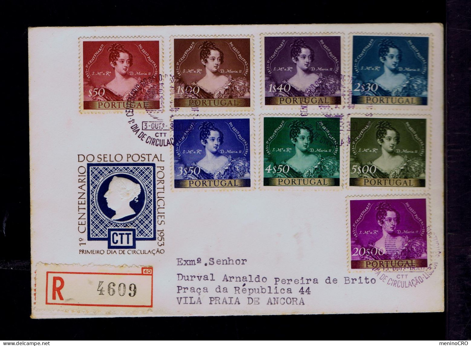 Gc8451 PORTUGAL "Postal Stamp Centenary" Queen D.Maria II  Painting By T.Lawrence Fdc 1953 Mailed Vila Praia De Ancora - Covers & Documents