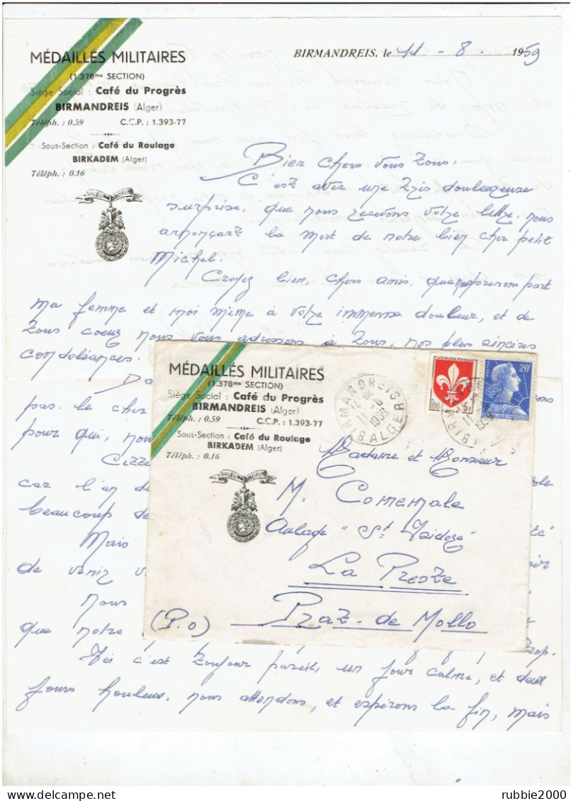 1959 COURRIER A EN TETE MEDAILLES MILITAIRES CAFE DU PROGRES A BIRMANDREIS ALGER ALGERIE ET CAFE DU ROULAGE A BIRKADEM - Documents