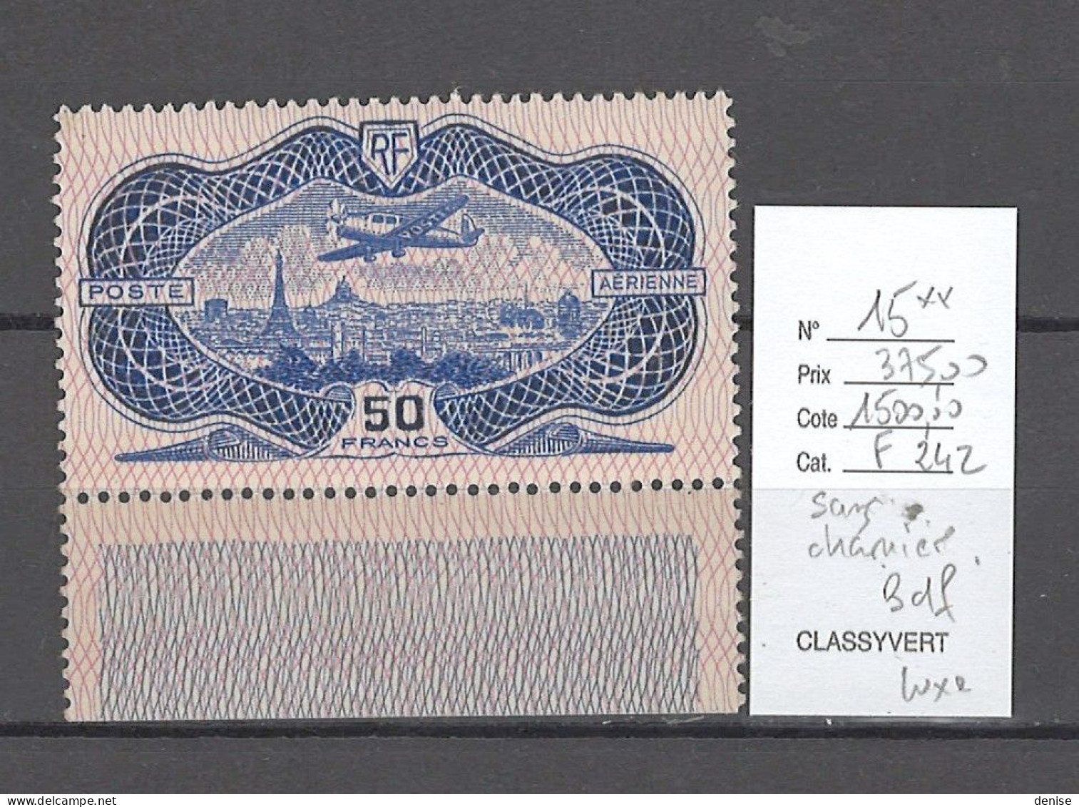 France - Poste Aérienne  Yvert No15** - SIGNE ROUMET -  Burelage Rose - Luxe Bord De Feuille - 1927-1959 Mint/hinged