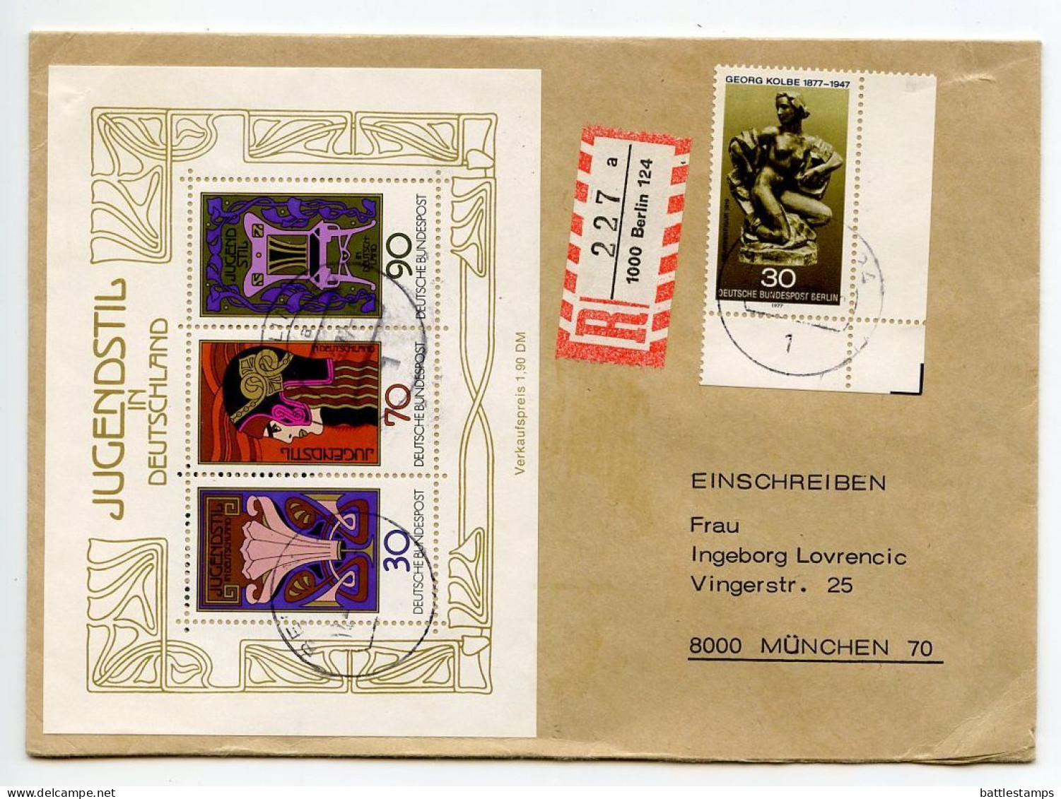 Germany, Berlin 1977 Registered Cover To München; German Art Nouveau Souvenir Sheet - Cartas & Documentos