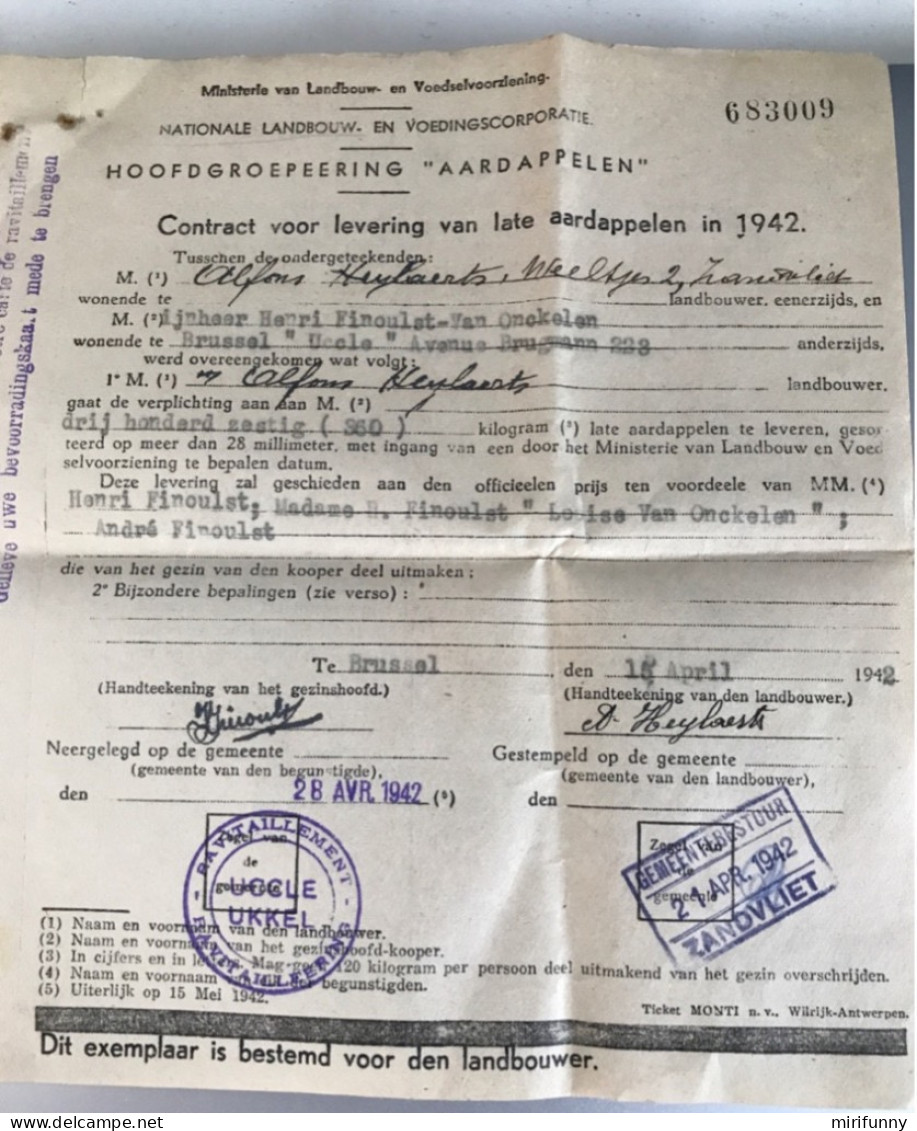 1942/contract Voor Levering Van Late Aardappelen / Zandvliet/ - 1939-45