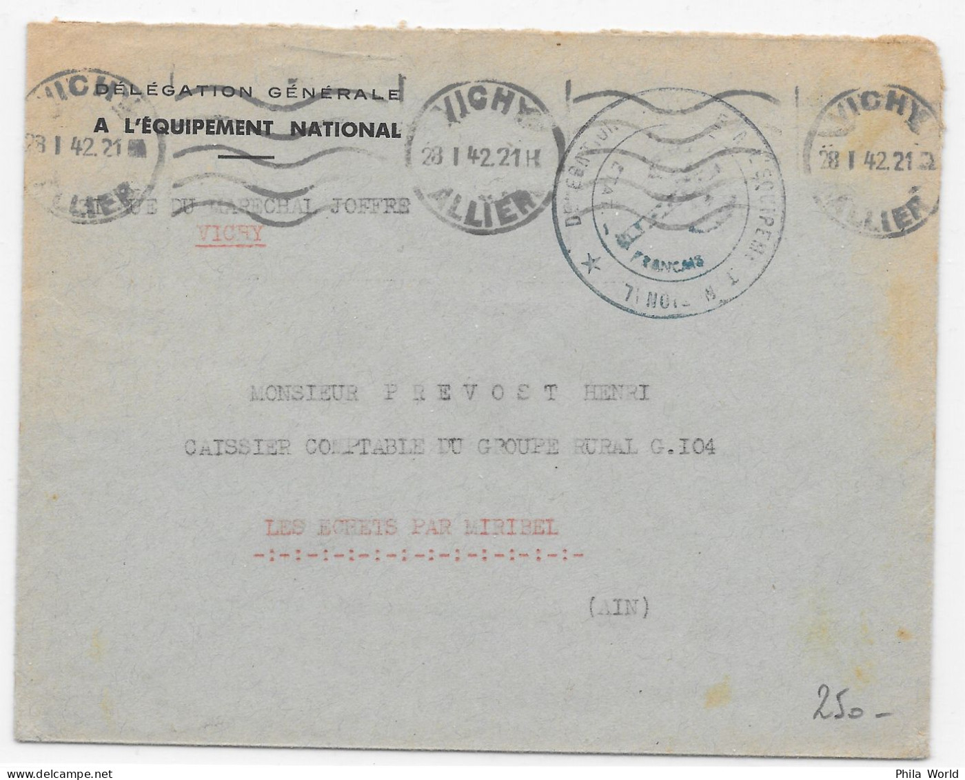 WW2 1942 France Lettre France VICHY Allier Délégation National Equipement KRAG Cachet ETAT FRANCAIS Pétain - Guerre Mondiale (Seconde)