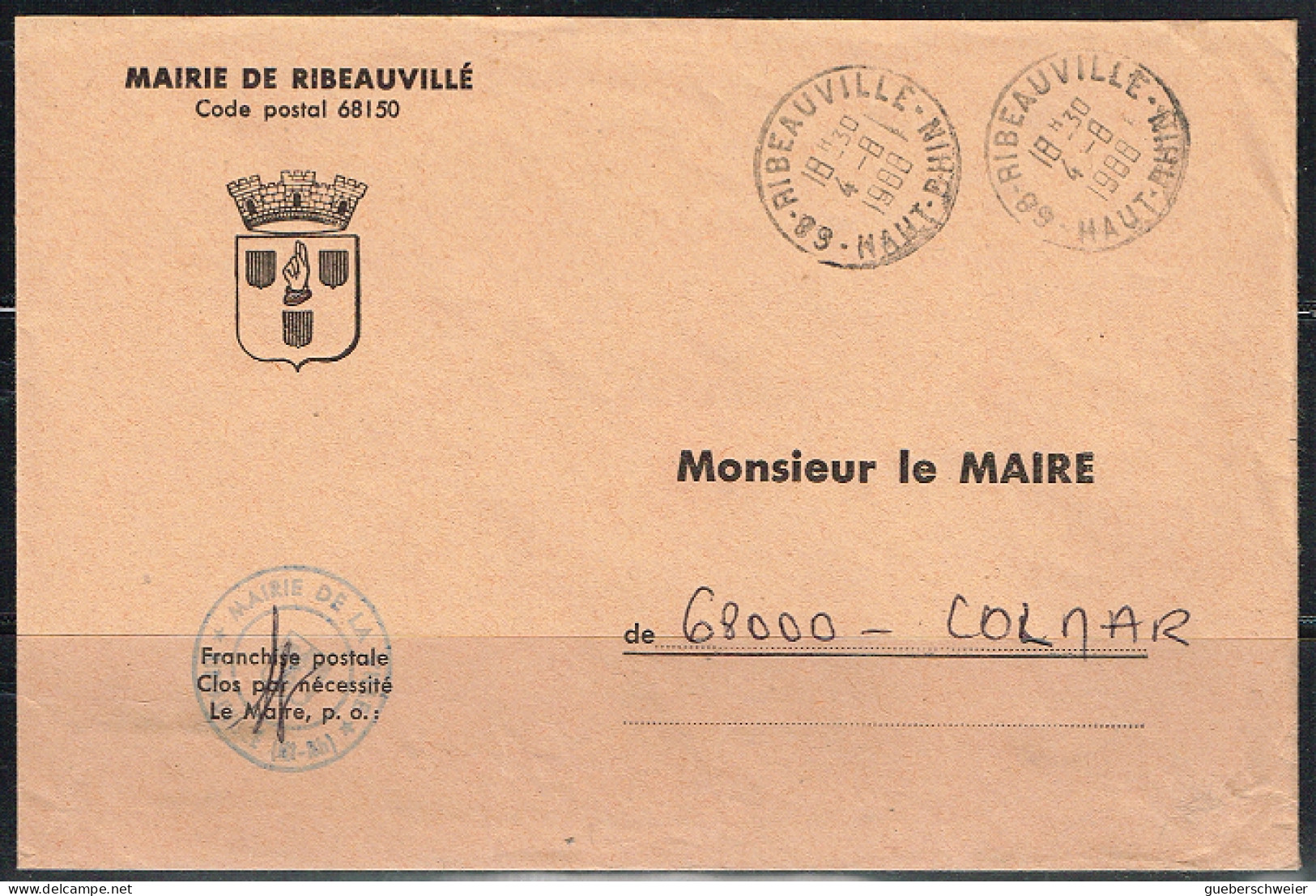 MAIN L 28 - FRANCE Lettre En Franchise Postale De La Mairie De Ribeauvillé 1988 Blason Avec Main - Burgerlijke Brieven Zonder Portkosten