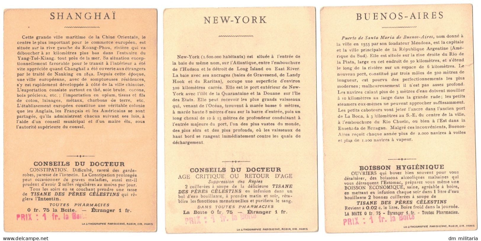 LOT 3 TRÈS BELLES CHROMOS : LES GRANDS PORTS DU MONDE - BUENOS-AIRES - NEW-YORK - SHANGAÏ - TISANE DES PÈRES CÉLESTINS - Other & Unclassified