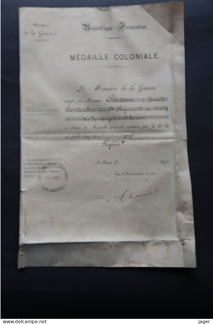 Brevet  Médaille Coloniale 1897  Agrafe Algérie - Francia