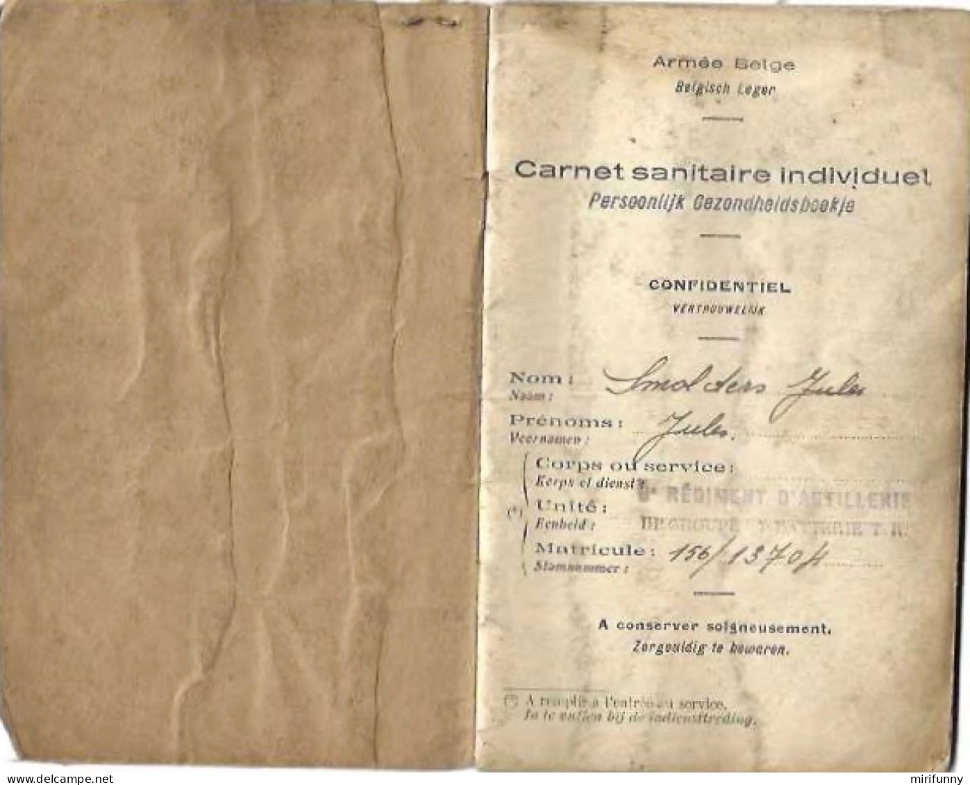 ARMEE BELGE/ BELGISCH  LEGER/ CARNET SANITAIRE INDIVIDUEL /PERSOONNLIJK GEZONDHEIDSBOEKJE/4/04/1924 - Documents