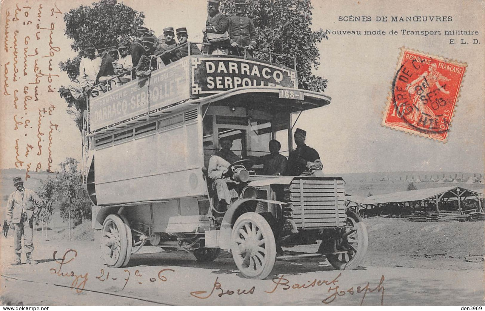 Scènes De Manoeuvres - Transport Militaire - Compagnie Des OMNIBUS Darracq-Serpollet - Camion - Voyagé 1906 (2 Scans) - Equipment