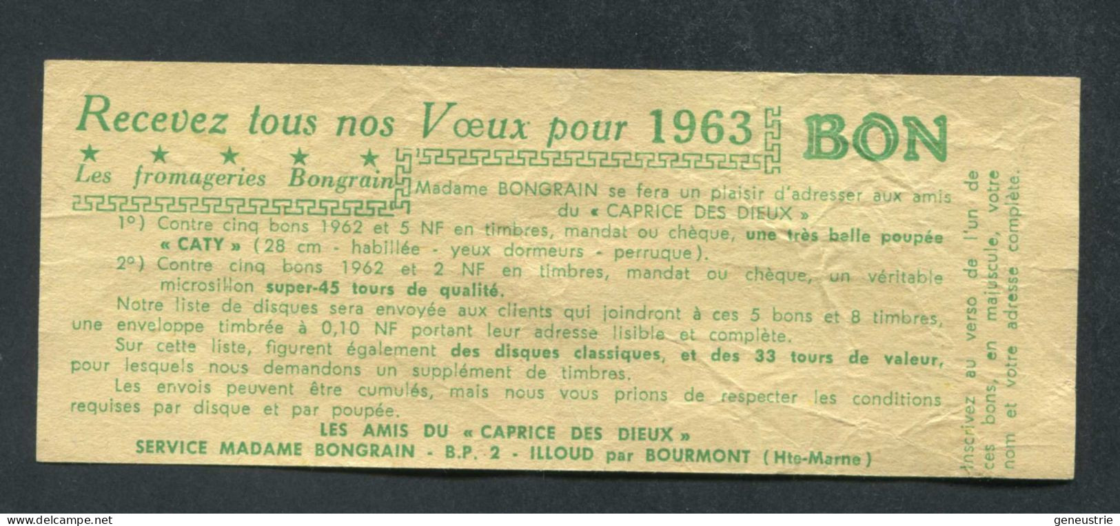 Jeton-papier De Nécessité Bon-prime 1963 - Caprice Des Dieux - Fromageries Bongrain à Illoud Par Bourmont (Haute-Marne) - Monedas / De Necesidad