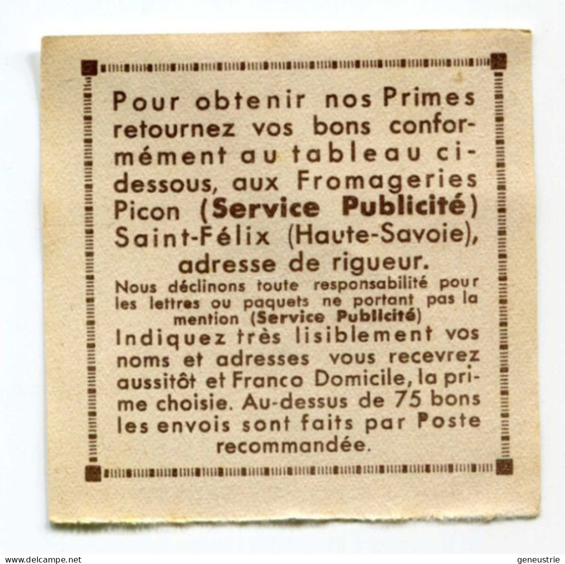 Jeton-papier Nécessité Bon-Prime "Crème De Gruyère Mère Picon" Fromagerie Saint Félix - Vache - Fromage - Monétaires / De Nécessité