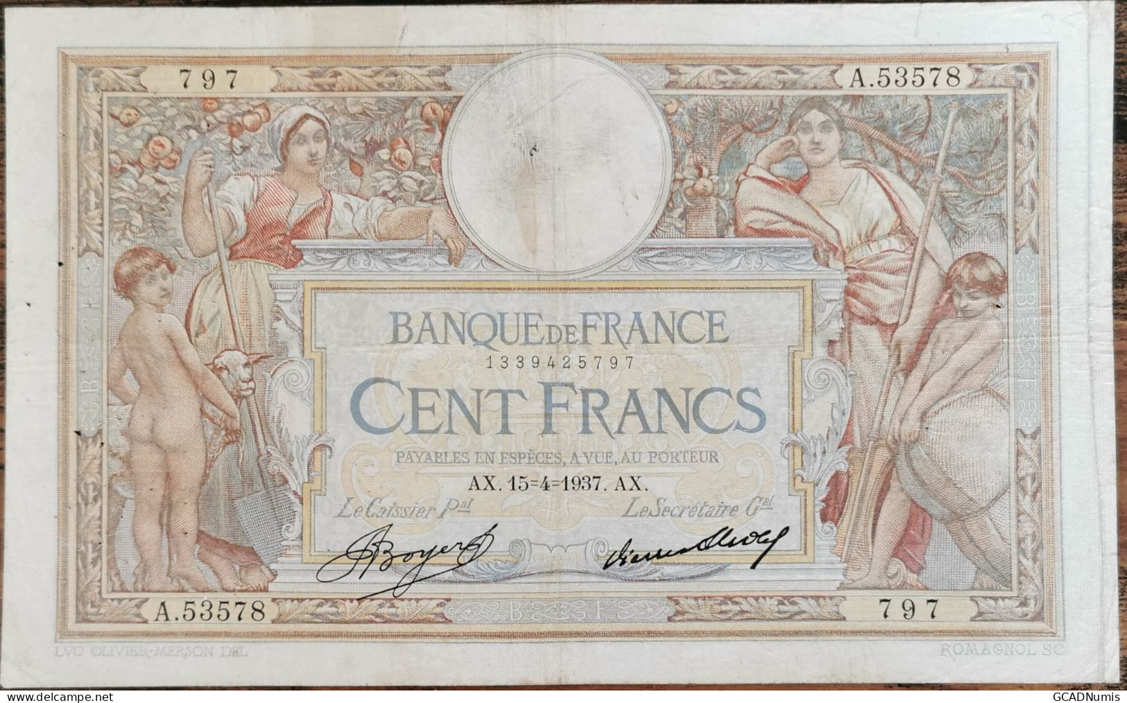 Billet 100 Francs LUC OLIVIER MERSON 15 = 4 = 1937 FRANCE  A.53578 - 100 F 1908-1939 ''Luc Olivier Merson''