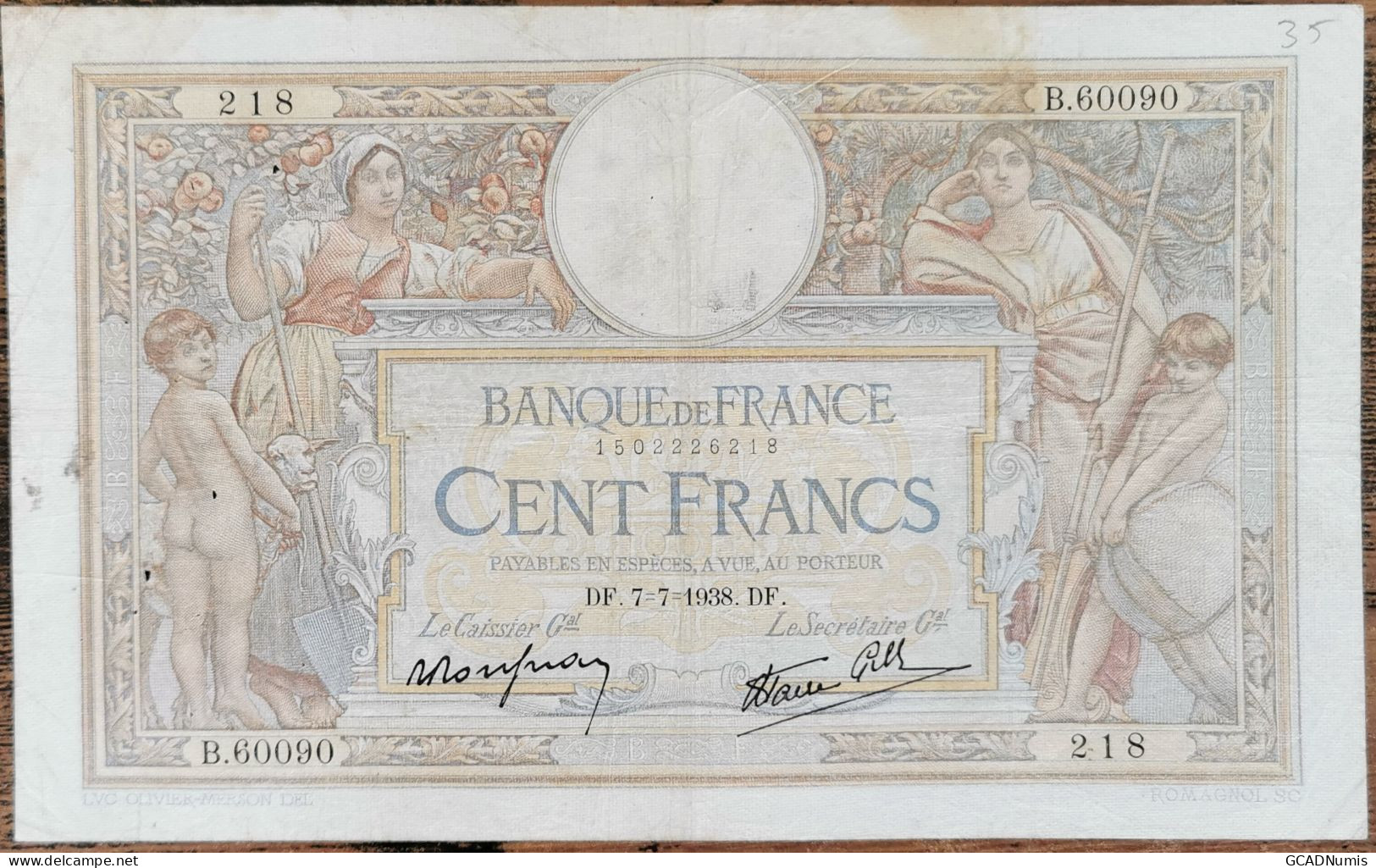 Billet 100 Francs LUC OLIVIER MERSON 7 = 7 = 1938 FRANCE  B.60090 - 100 F 1908-1939 ''Luc Olivier Merson''