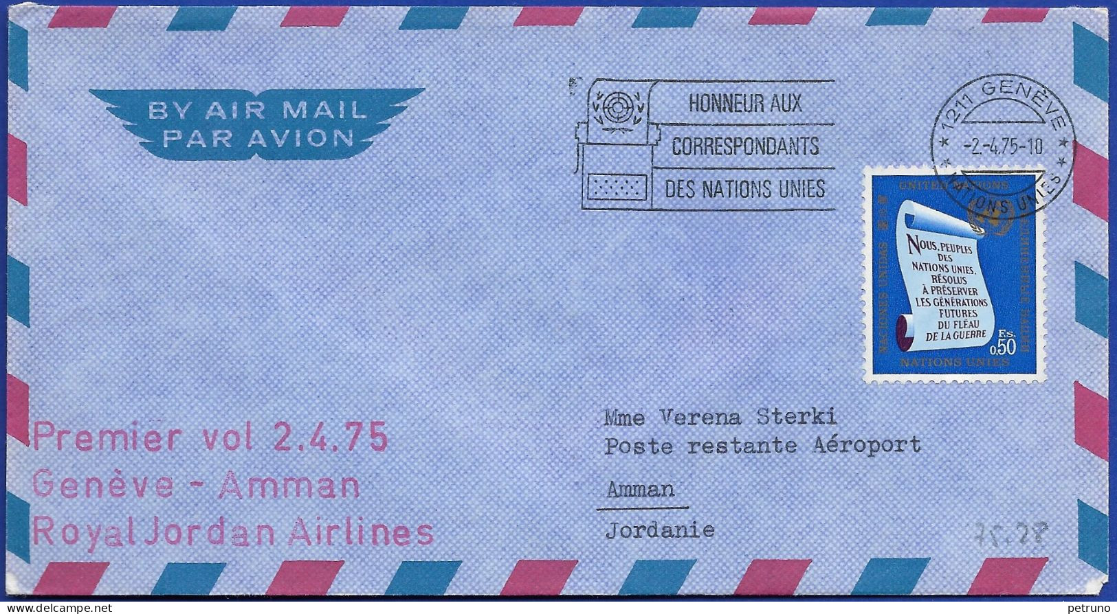 FFL Ab UNO -Genf-Amman 23.4.1975 Mit Jordanien Airlines - Lettres & Documents