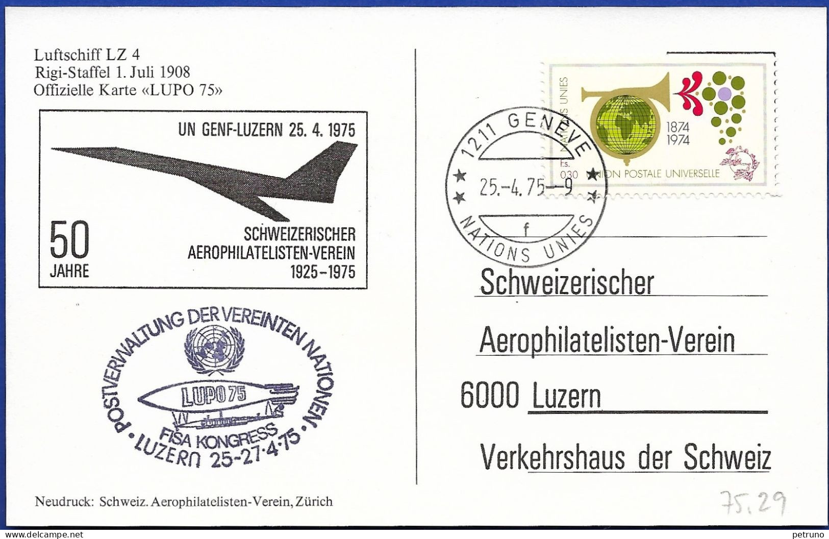 SFL Zur LUPO Ab UNO Genf-Luzern 25.4.1975 - Storia Postale