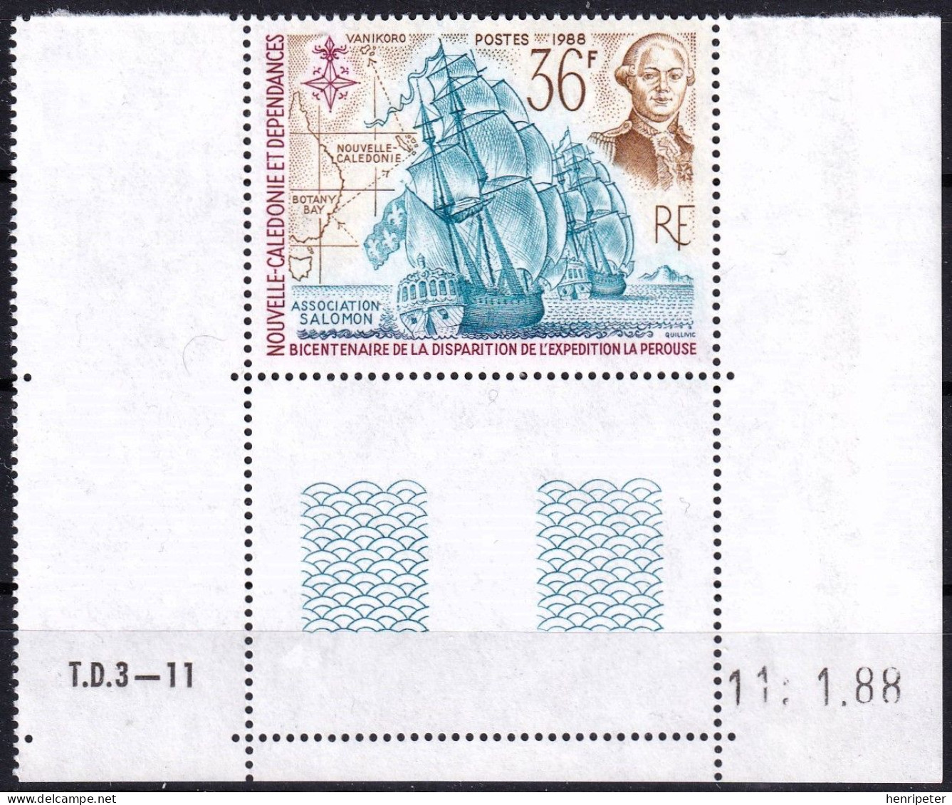 Coin Daté Du 11.1.88 - Bicentenaire De La Disparition De L'expédition La Pérouse - 549 (Yvert) - Nouvelle-Calédonie 1988 - Neufs