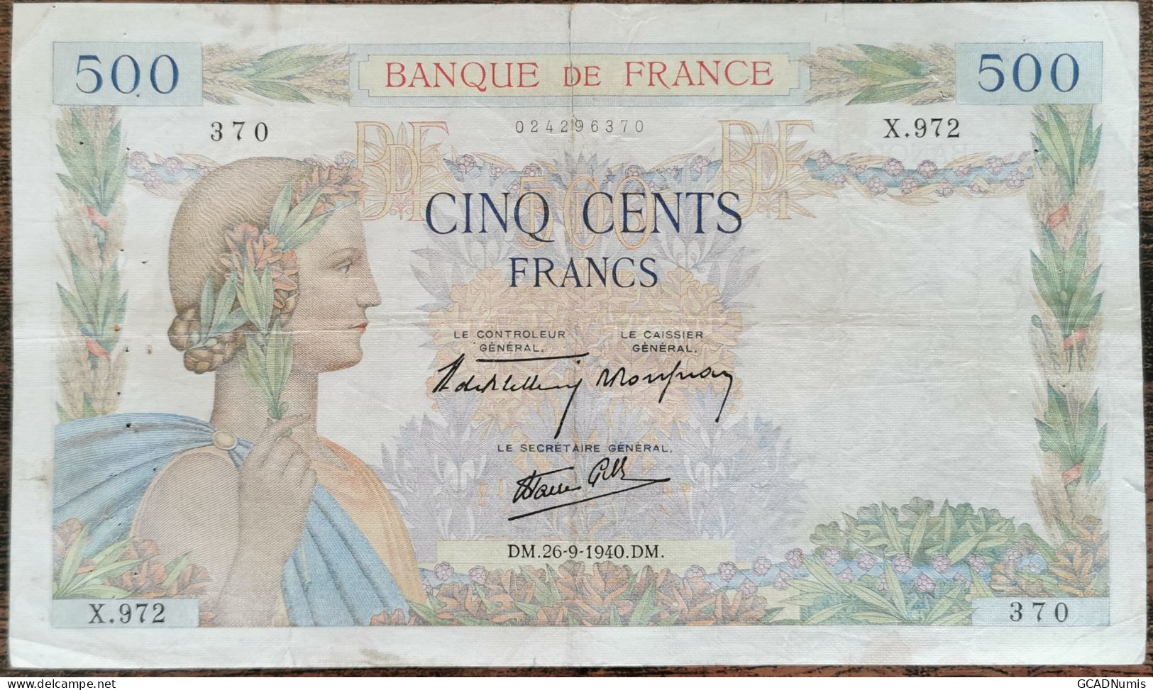 Billet 500 Francs LA PAIX 26 - 9 - 1940 FRANCE  X.972 (cf Photos) - 500 F 1940-1944 ''La Paix''