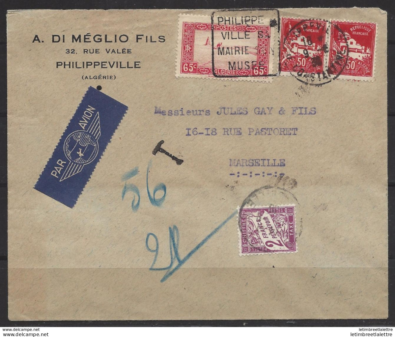 Algérie - Daguin Des Colonies - Philippeville Constantine Pour Marseille Par Avion - Taxée TB - 1939 - Brieven En Documenten