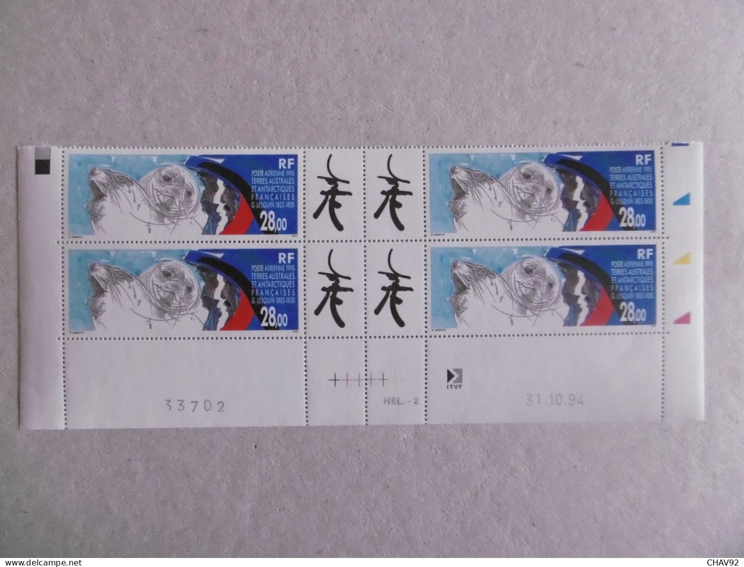 T A A F  1995   PA136 * * HOMMAGE A G LESQUIN 1803 1830  CROQUIS DE PHOQES   BLOC DE QUATRE DATE - Airmail