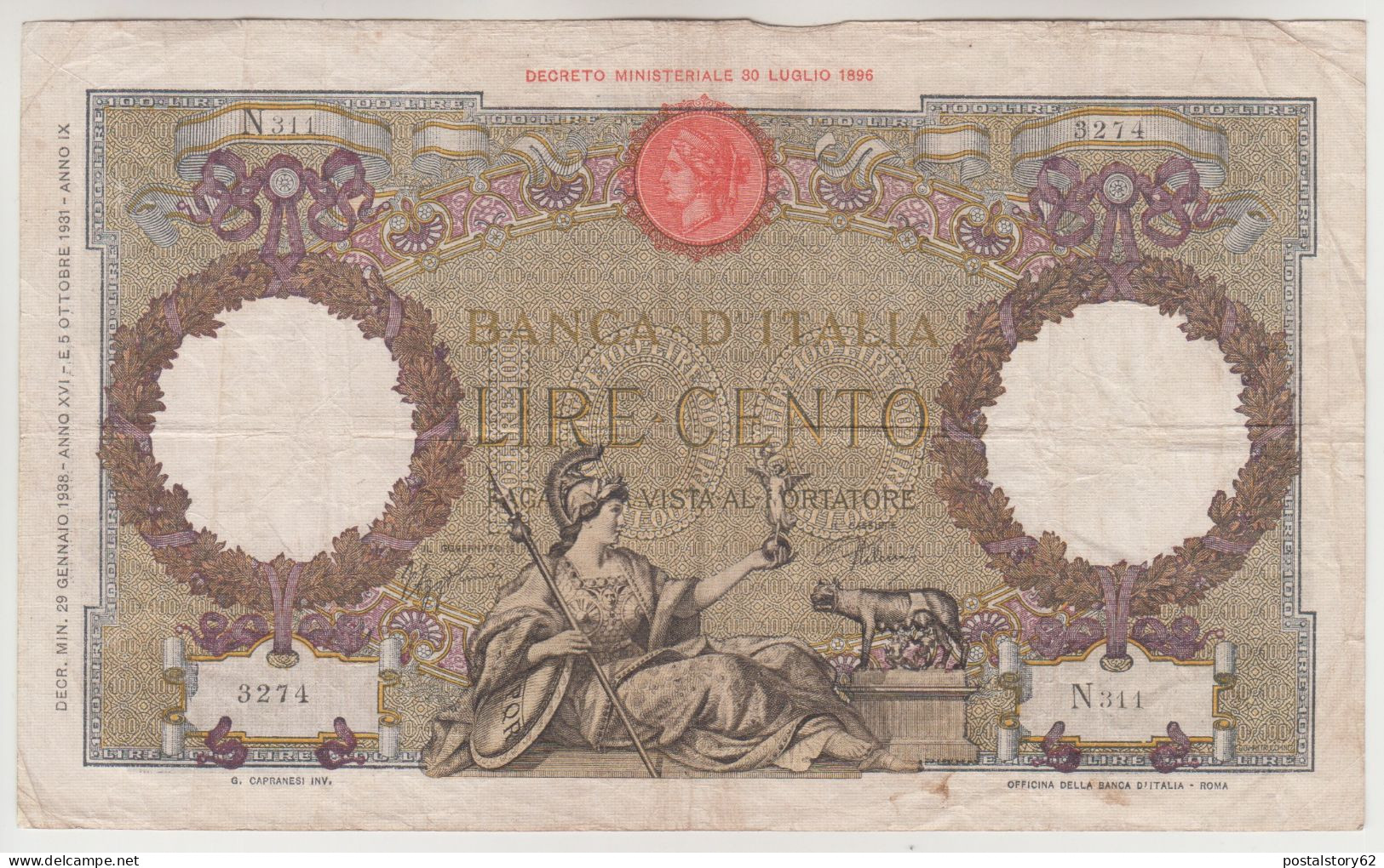 Regno D'Italia, Lire 100 Tipo Capranesi - Aquila Romana ( Fascio ) Cons. BB - 50 Lire