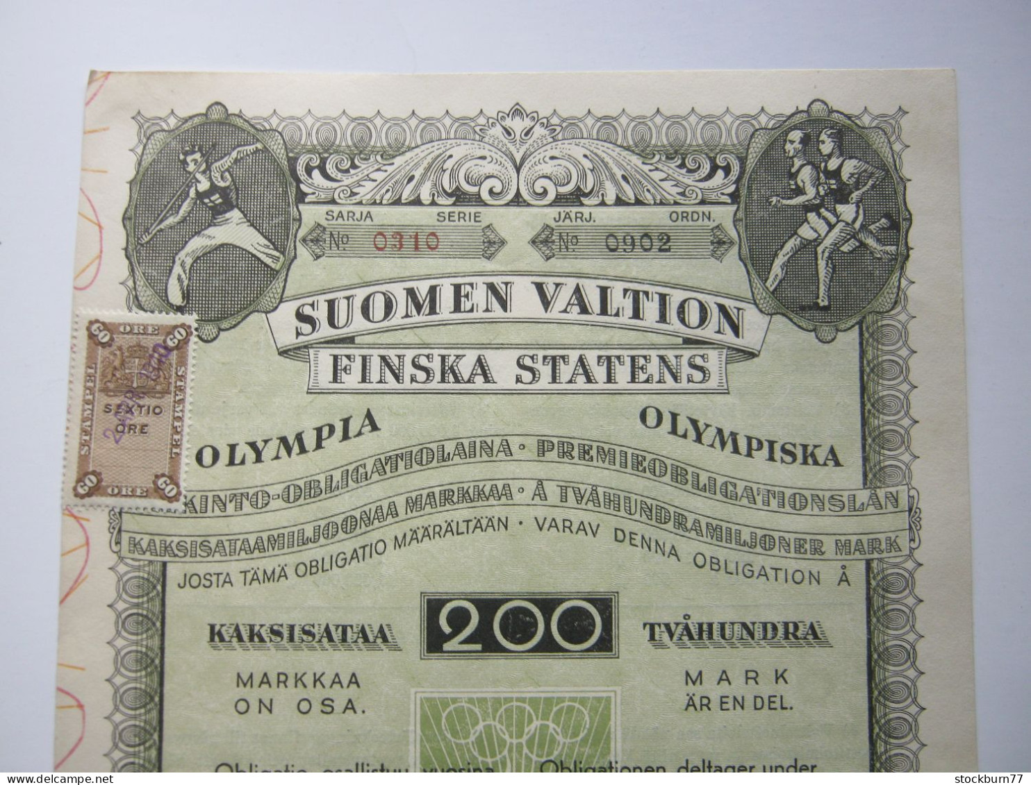 1940 , Olympiade , Helsinki , Anleihe Aus Schweden 1938 Mit Fiskalmarke , Sehr Selten - Ete 1936: Berlin