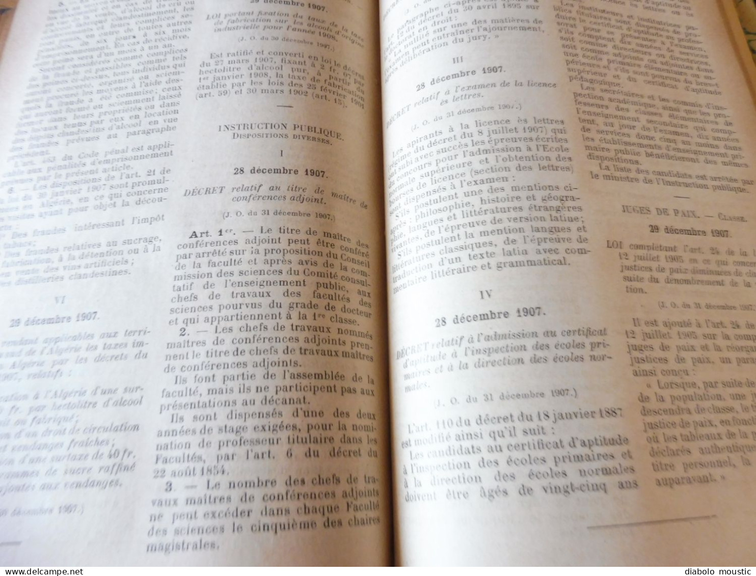 1907  RECUEIL des LOIS : Absinthes, Vers à soie, Séparation des églises et de l'Etat, destruction corbeaux; ; Etc ; Etc