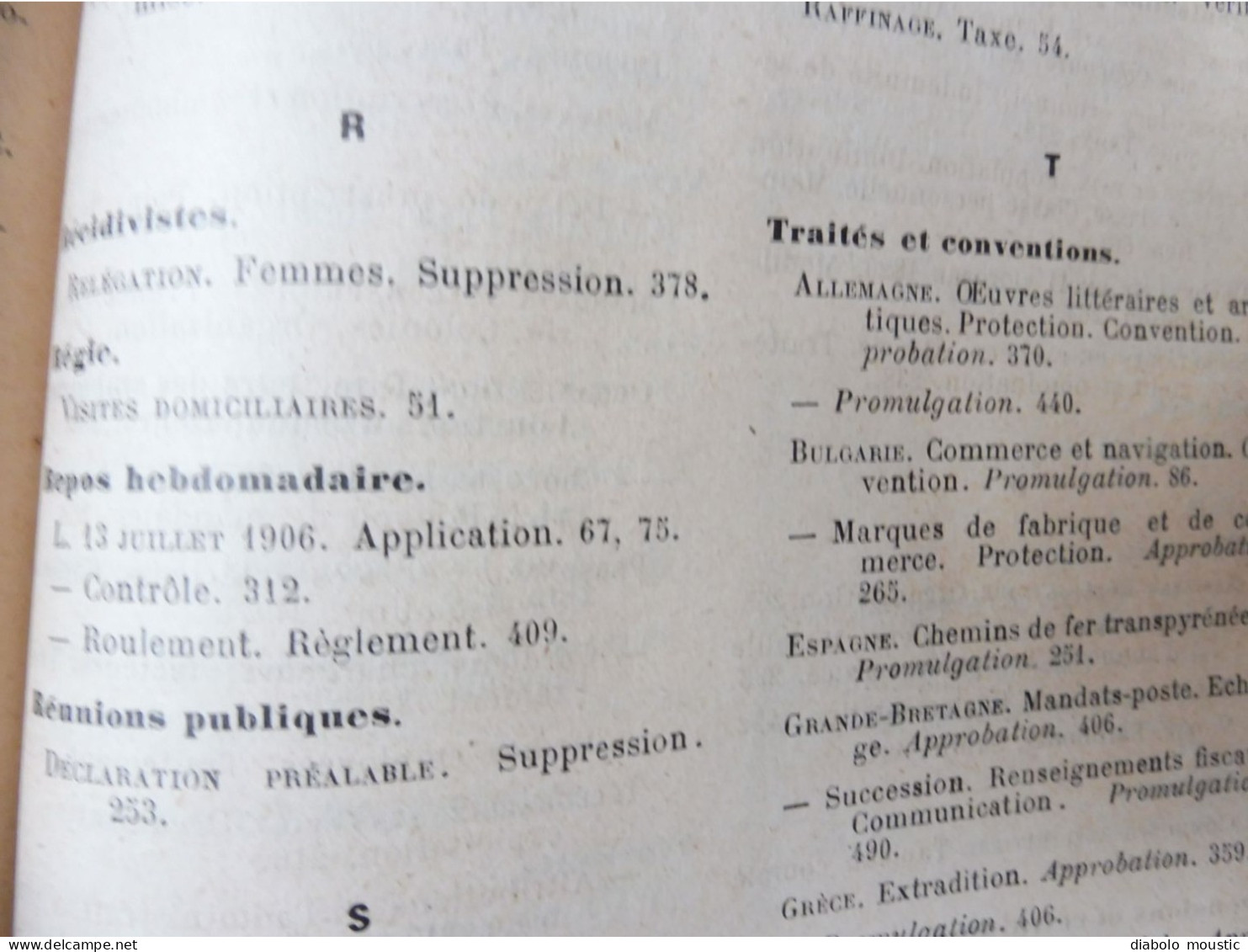 1907  RECUEIL des LOIS : Absinthes, Vers à soie, Séparation des églises et de l'Etat, destruction corbeaux; ; Etc ; Etc