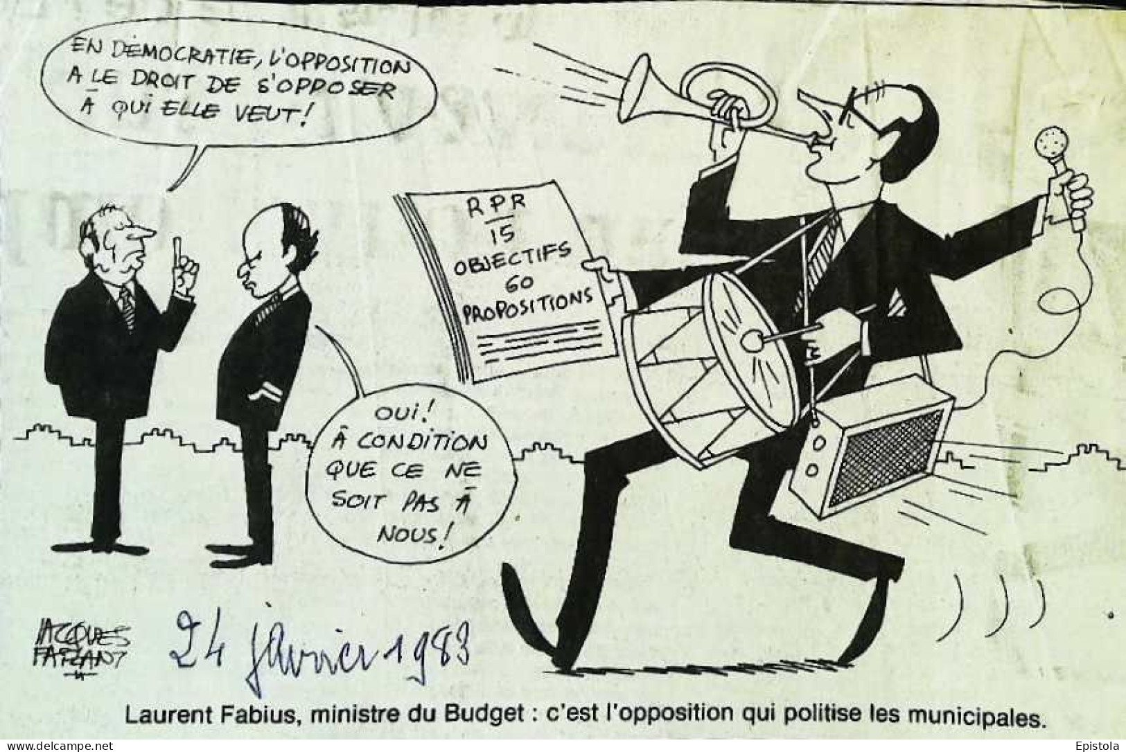 ► Coupure De Presse  Quotidien Le Figaro Jacques Faisant 1983   RPR  15 Objectifs Micro Trompette Tambour  Chirac Fabius - 1950 à Nos Jours