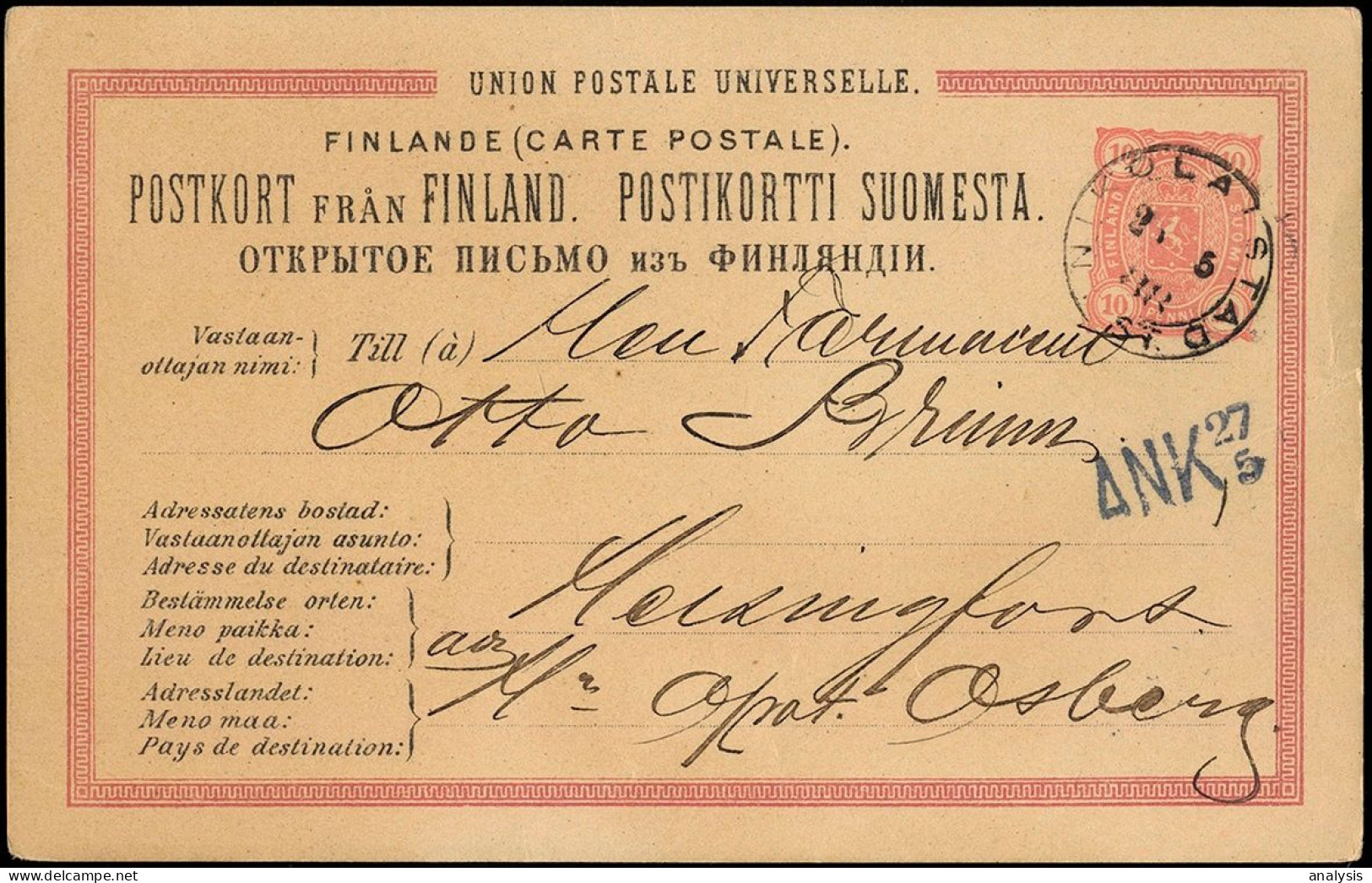 Finland Nikolaistad 10P Postal Stationery Card Mailed To Helsinki 1888. Russia Empire - Brieven En Documenten