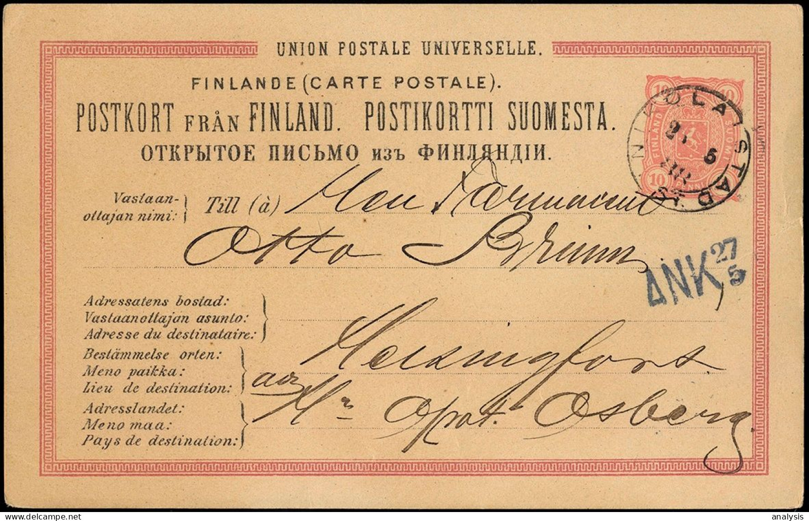 Finland Nikolaistad 10P Postal Stationery Card Mailed To Helsinki 1888. Russia Empire - Storia Postale